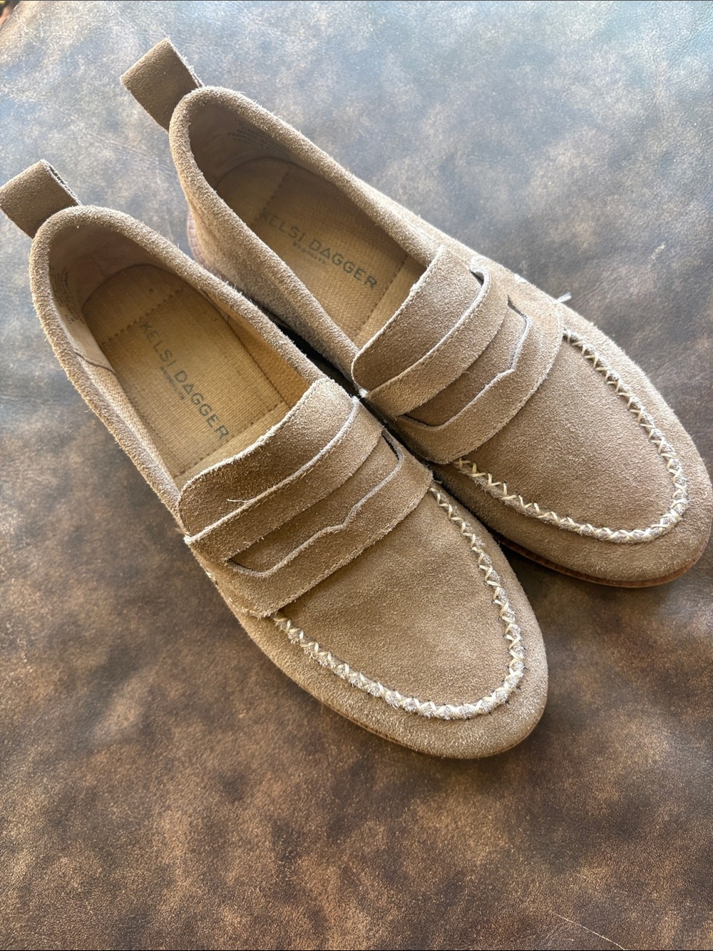 Kelsi Dagger Women’s  Suede Penny Loafers in Taupe Brown